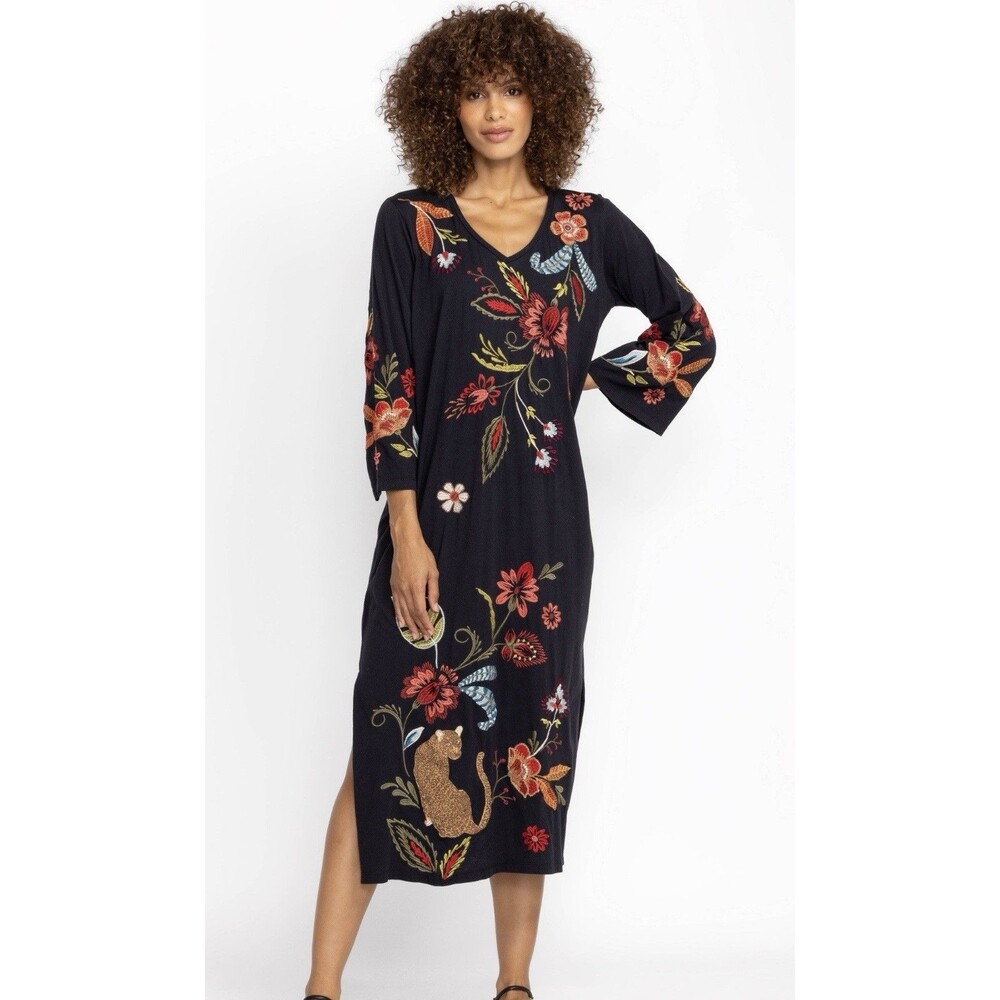 Johnny Was Isabella Kimono Sleeve Tee Dress Embroidered Black EUC